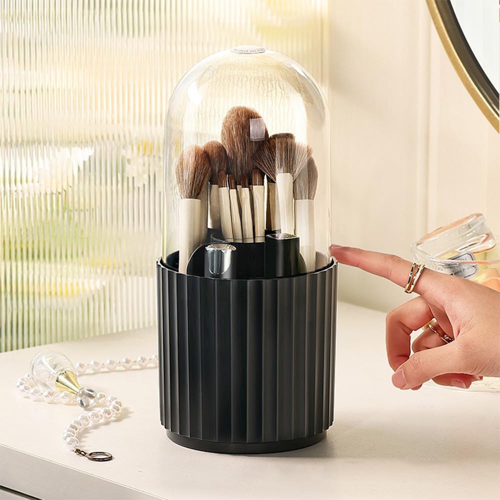 STARRY G 360° Rotating Makeup Organiser, Makeup Brush Holder Container, Cosmetic Organiser Bucket with Visible Cover, Cosmetic Brush Storage Case, Desktop Storage Box for Eyeliner, Eyebrow Pencil