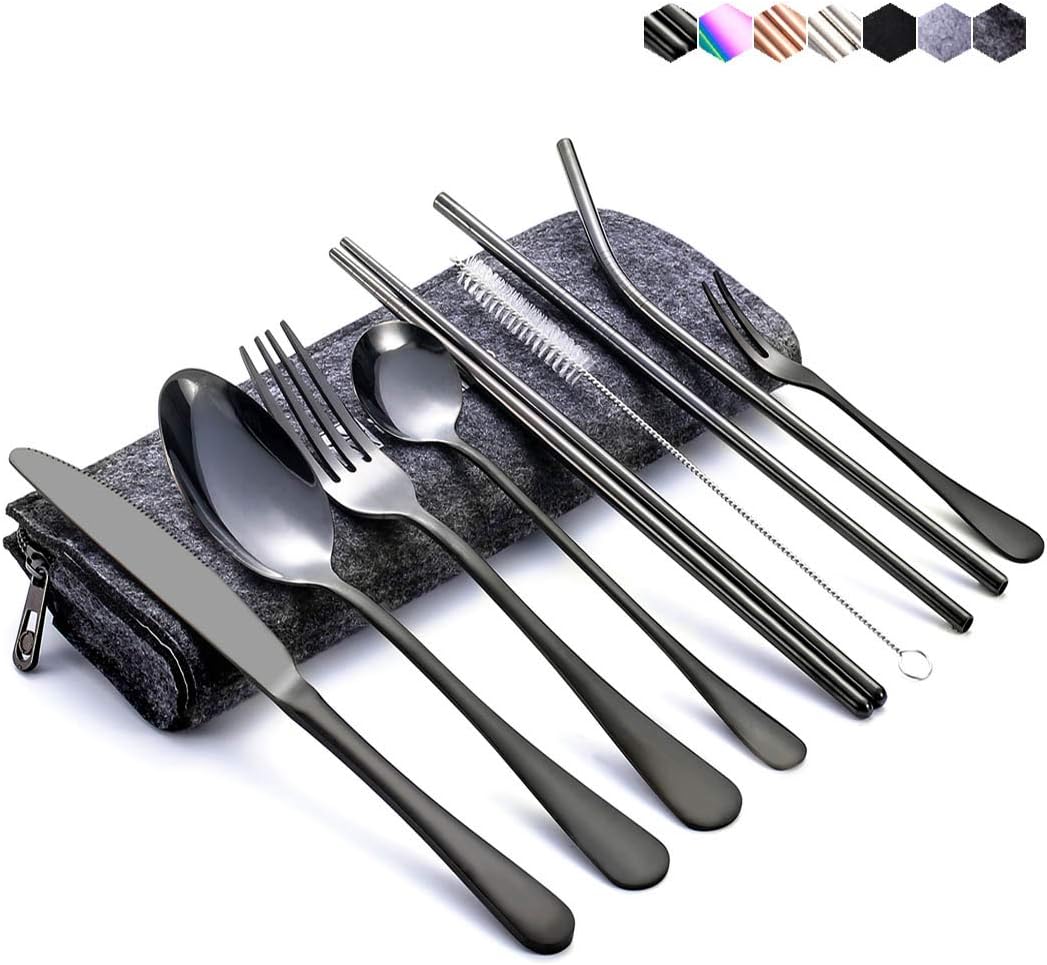 NUMARDA 9-Piece Portable Utensils,Travel Camping Cutlery Set, Travel Utensils, Camping Utensils Set, Stainless Stee Flatware set, (Carbon Black Product and Medium Gray Bag)