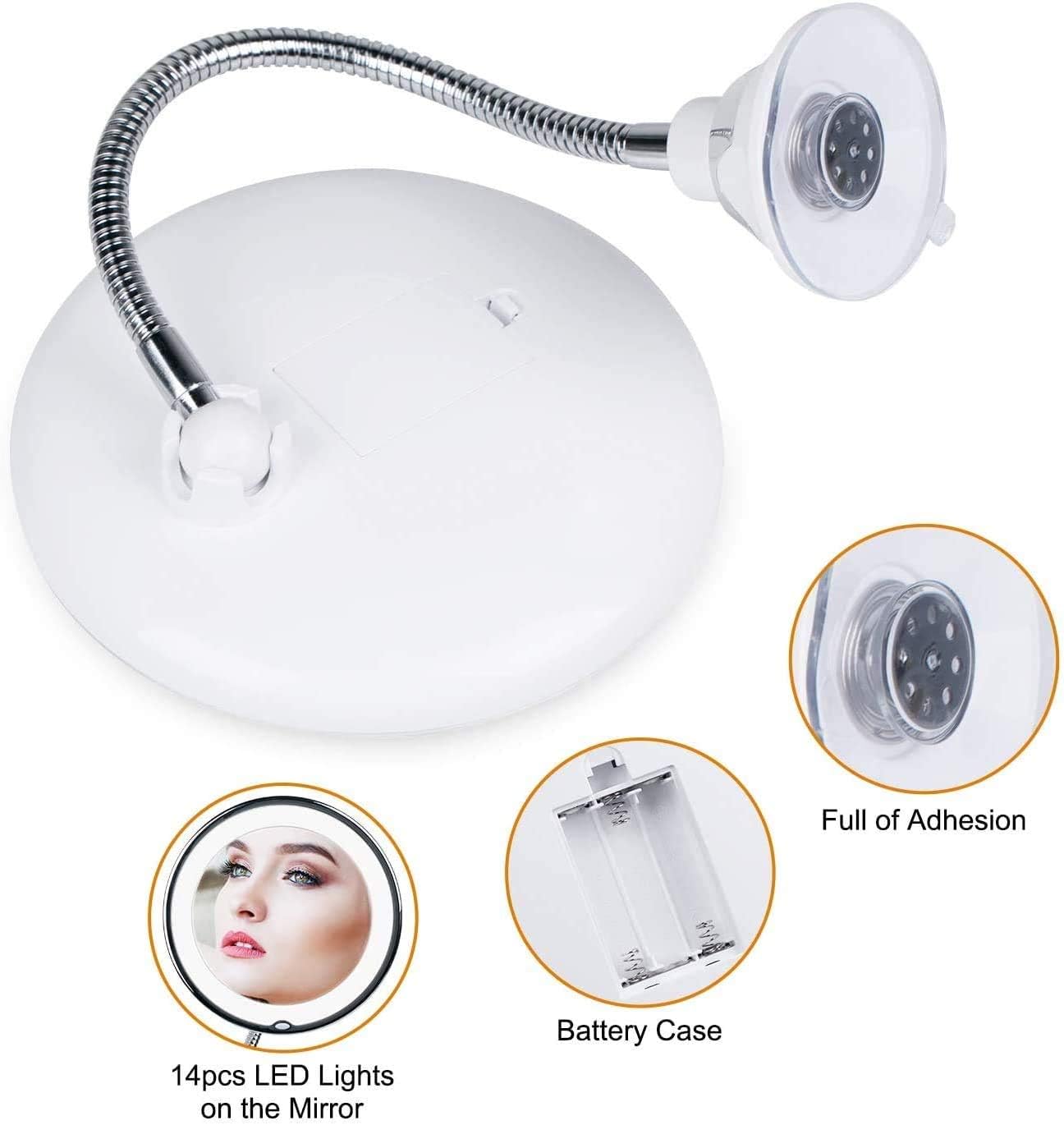 7X Magnifying Mirror with Lights, Flexible Mirror as seen on TV, Powerful Suction Cup, 360° Swivel Flexible Gooseneck Led Lighted Makeup Mirror for Bathroom Shaving Travel Vanity, Cordless -