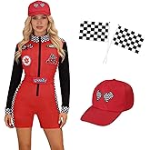 HAPNBCELE Race Car Driver Costume for Womens Racing Driver Jumpsuit Shorts Long Sleeve with Grid Flag Set Halloween Outfits