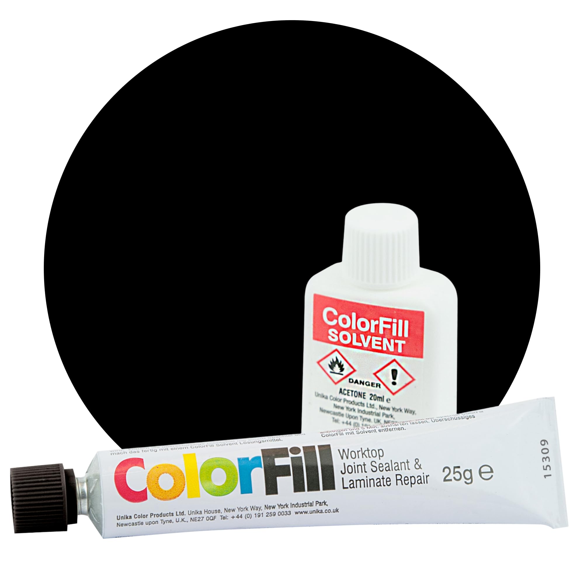 Unika ColorFill Diamond Black (CF30) – Laminate Worktop Repair Kit, Joint Compound, Sealant & Filler | 25g Tube + Applicator + 20ml Solvent – Kitchen Worktop Scratch Repair — image 1