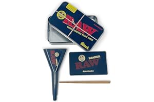 RAW Pre Rolled Cone Loader: 1-1/4 Size, King, & 98 Special Mess Free Perfect Cone Packer – 5 Piece Kit – Static Free Scoop Card, Funnel, & Packing Tool, RAWthentic Tin