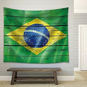 Brazilian Flag on a Wooden Backgrond - Fabric Tapestry, Home Decor - 51x60 inches