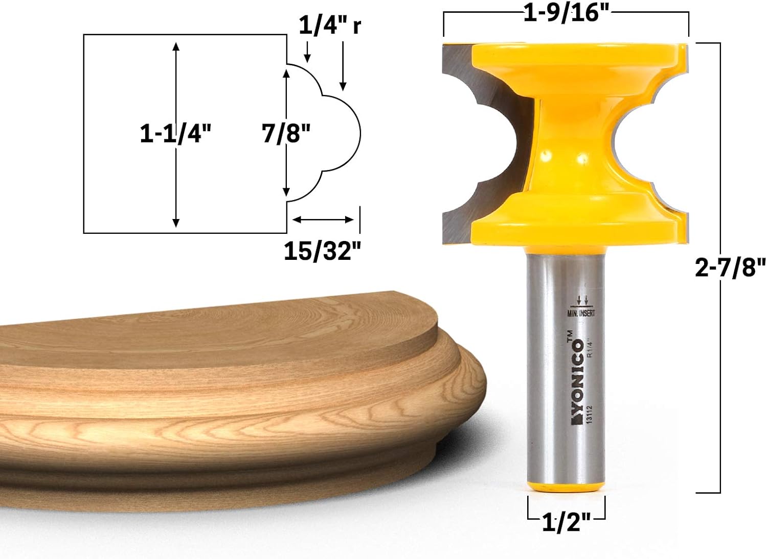 Yonico 13112 1-1/4-Inch Double Bullnose Furniture Trim & Molding Router Bit 1/2-Inch Shank - Image 3