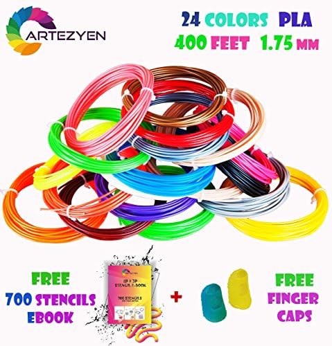 3D Pen PLA Filament Refills 1.75 mm | 24 Colors (6 Glow in Dark) Totally 400 Feet | Free 700 Stencils EBook | Compatible with MYNT3D DigiHero Canbor Tecboss Hongdak Soyan 3D Printing Pens et.al.