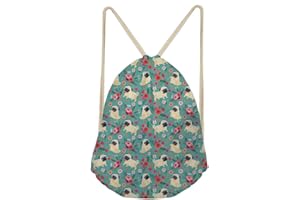 Upetstory Fun Pug Dog Floral Print Drawstring Backpack Shoulder Bags Lightweight Gym Bag Sackpack for Women Girls
