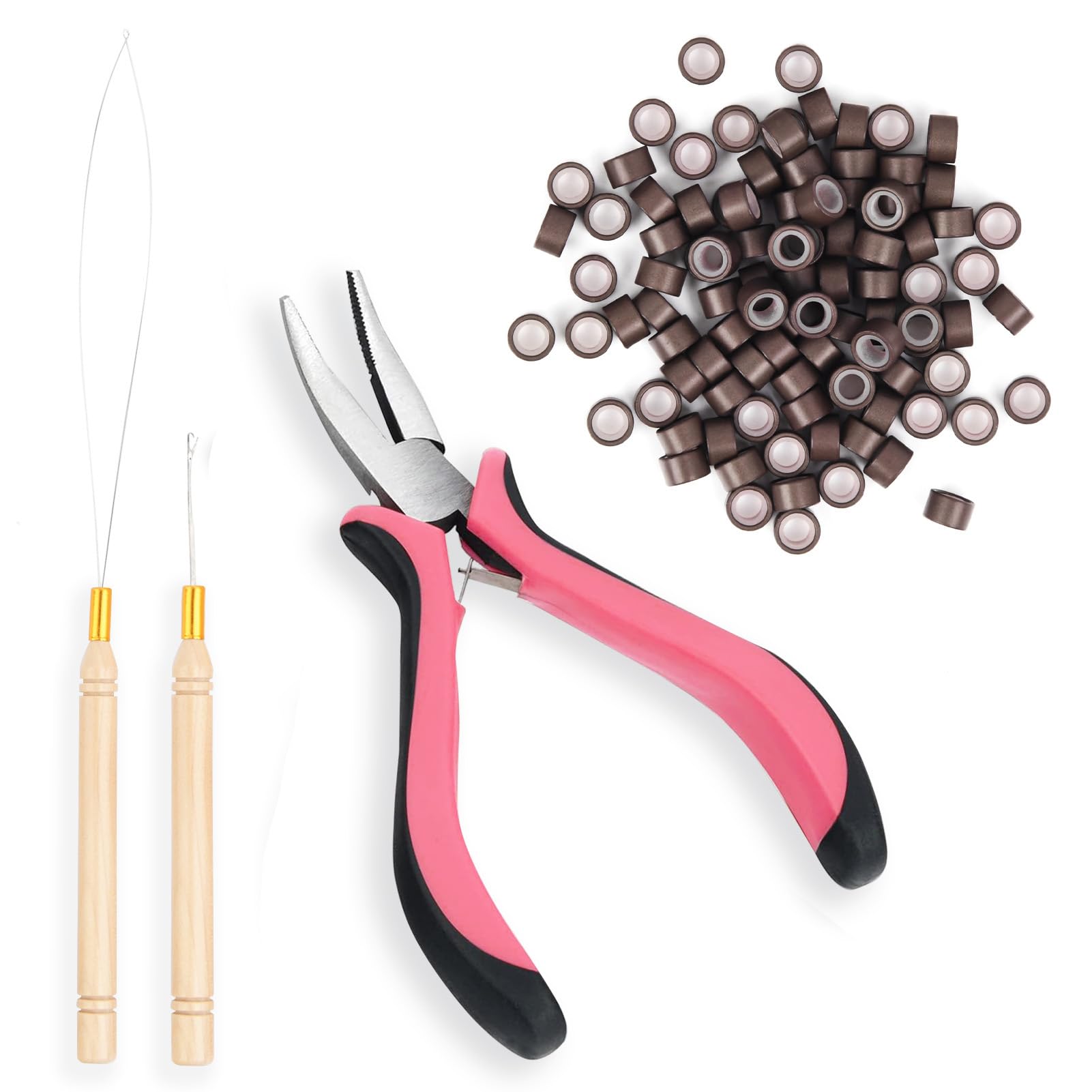 Photo 1 of Neitsi Microlinks Hair Extensions Kit,Beads Hair Extensions Threader Pulling Hook Pliers,Micro Link Tools 100PCS Rings Beads,Microlink Tool Kit Hair Feathers Extensions (Brown)