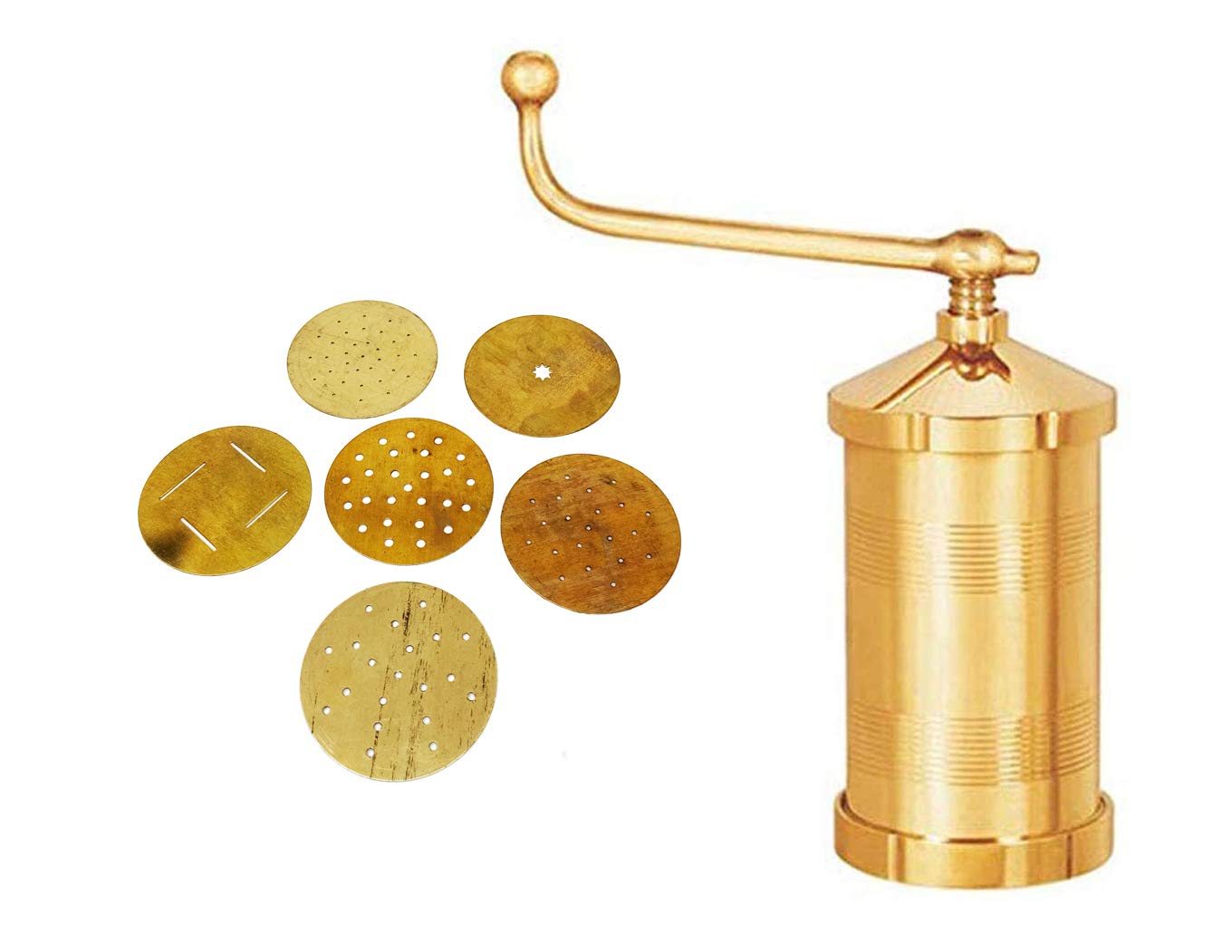 Satre Online and Marketing Brass Pasta Maker, Yellow, 6 Different Jali, Manual, 6 Discs, 6 Blades