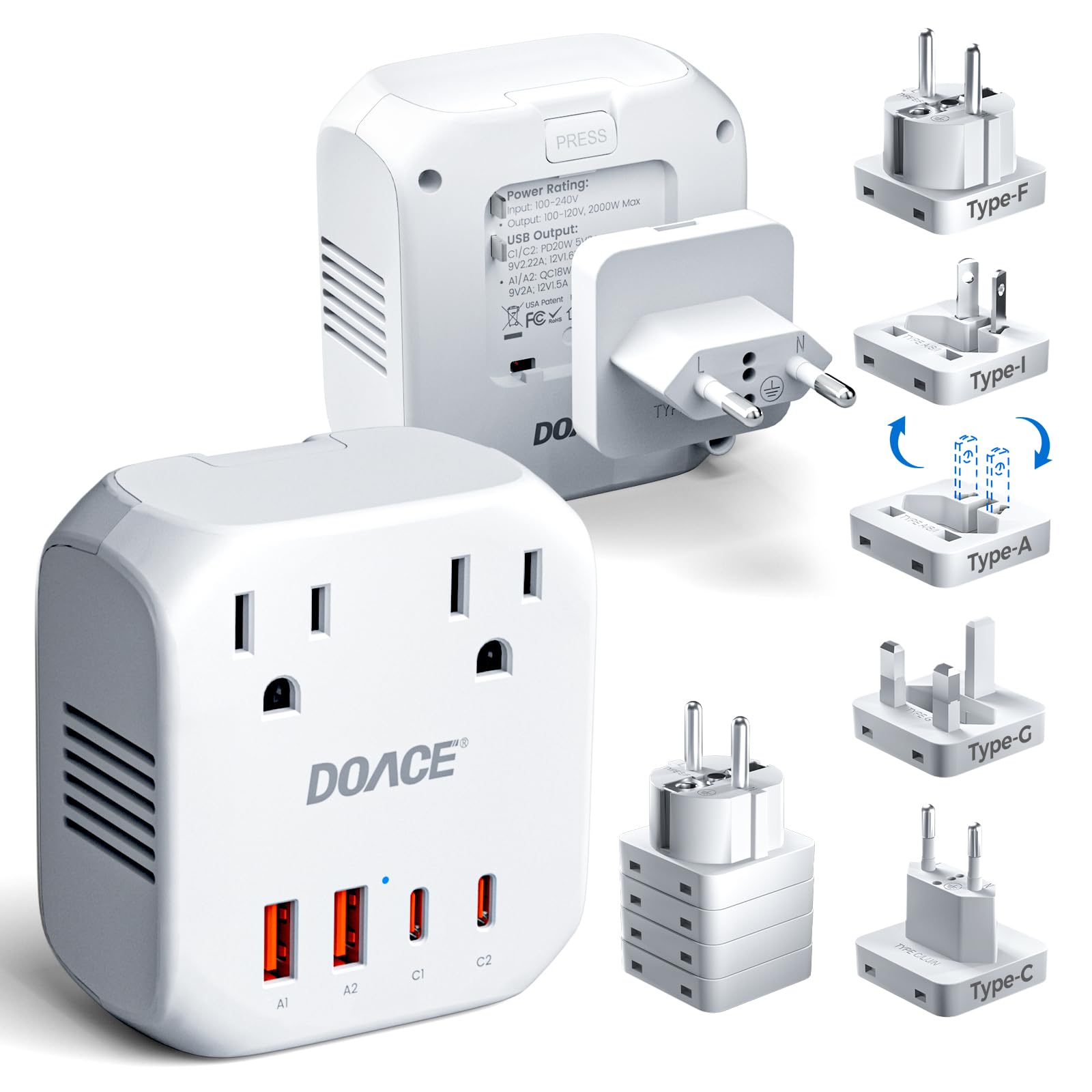 View 1 of 2000W Voltage Converter US to Europe for Hair Dryer - DOACE 220V to 110V Converter for European Travel, Power Converter Adapter Combo with 2 PD/QC Chargers & UK/AU/US/IT/European Travel Plug Adapters