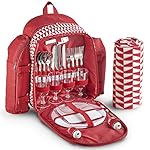 VonShef 4 Person Geo Red Picnic Backpack With Blanket - Includes 29 Piece Dining Set & Cooler Compartment to Keep Food Chilled for Longer