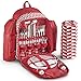 VonShef 4 Person Geo Red Outdoor Picnic Backpack Bag Set with Blanket – Includes 29 Piece Dining Set & Insulated Cooler Compartment to Keep Food Chilled for Longer