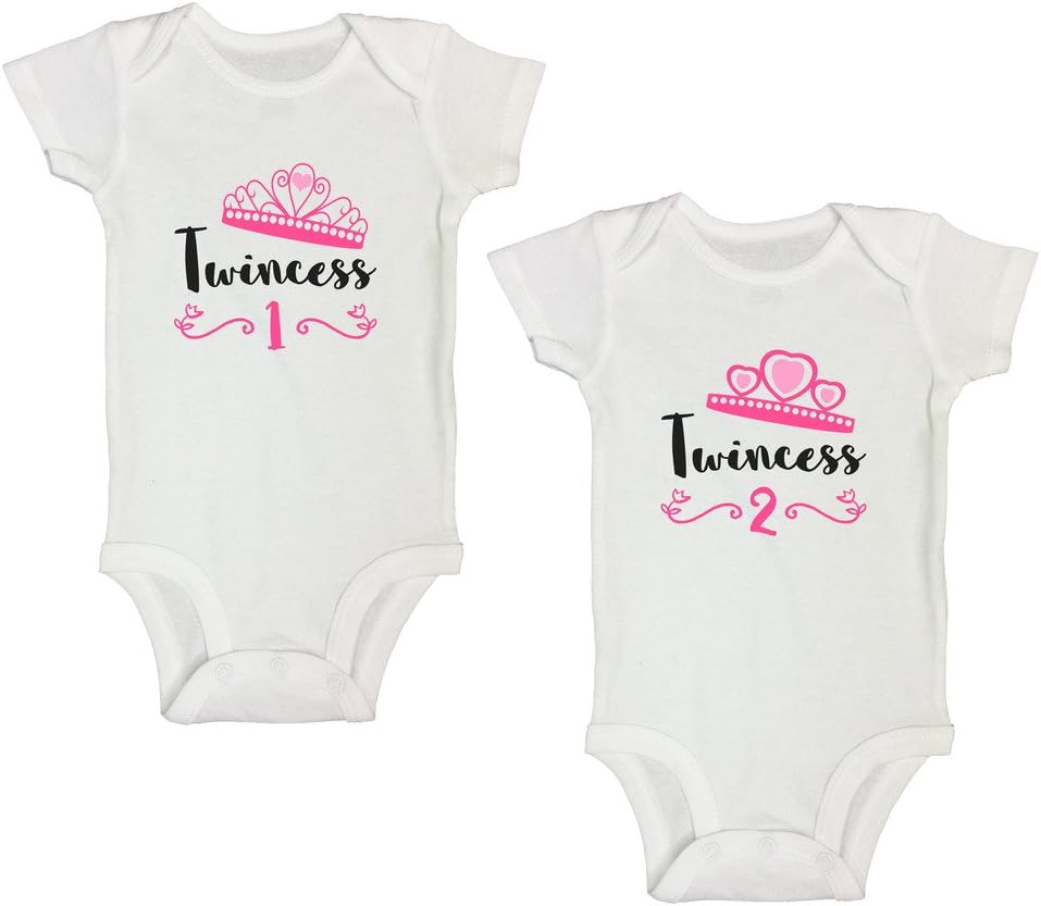 “Twincess 1 and 2” Cute Girls Twin Outfit Set of 2 Onesies Shirt 3-6 Months, White