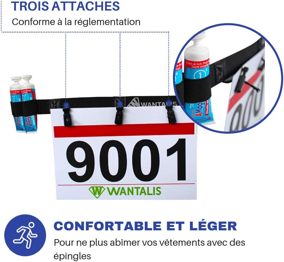 Wantalis Approved 3-Point Bib Belt and 6 Gel Holders for Marathon Semi-Marathon, Running, Black - Image 3