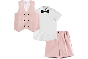LOLANTA 4Pcs Summer Boys Suit, Kids Dress Clothes Shirt Vest Shorts Bow Tie, Waistcoat Tuxedo Wedding Ring Bearer Outfit