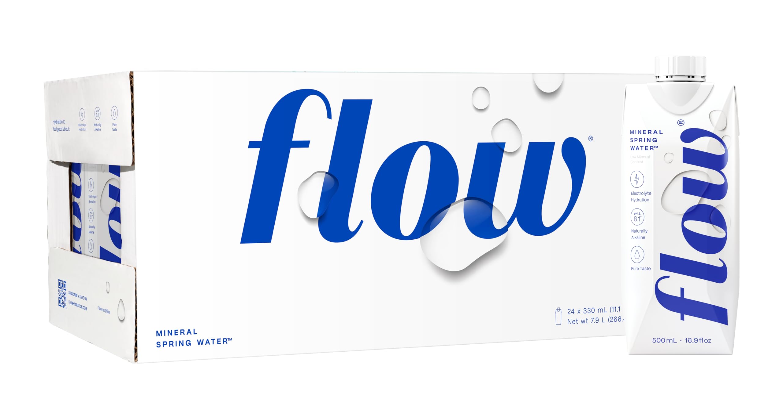 View 1 of Flow Alkaline Spring Water, Organic Plain, 100% Natural Alkaline Water pH 8.1, Electrolytes + Essential Minerals, Eco-Friendly Pack, 100% Recyclable, Pack of 24 x 330ml BB: 01/11/2026