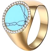 Aroncent Mens Turquoise Signet Ring: Gold Stainless Steel CZ Diamond Band - Classic Statement Jewelry Size 6-12