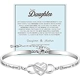 To My Daughter-Infinity Forever Love Heart Bracelet, Always My Daughter Forever My Friend Stainless Steel Engraved Bangle Bracelets From Mom Cubic Zirconia Adjustable Inspirational Gift Jewelry