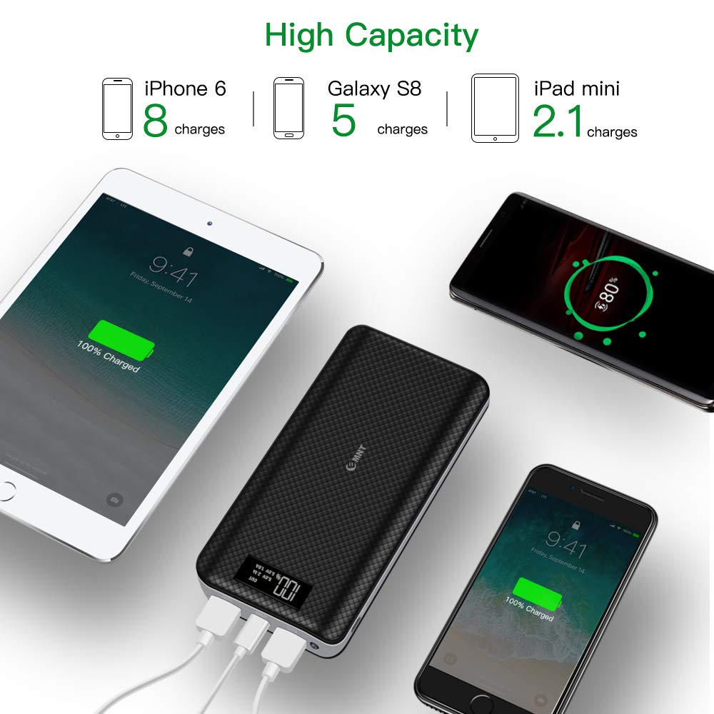Power Bank 24000mAh High Capacity Portable Phone Charger with 2.4A Output Port, 2A Input Port, LED Indicator and 2 Quick Charging Ports for iPhone, iPad, Samsung Galaxy and Other Smart Devices-Black