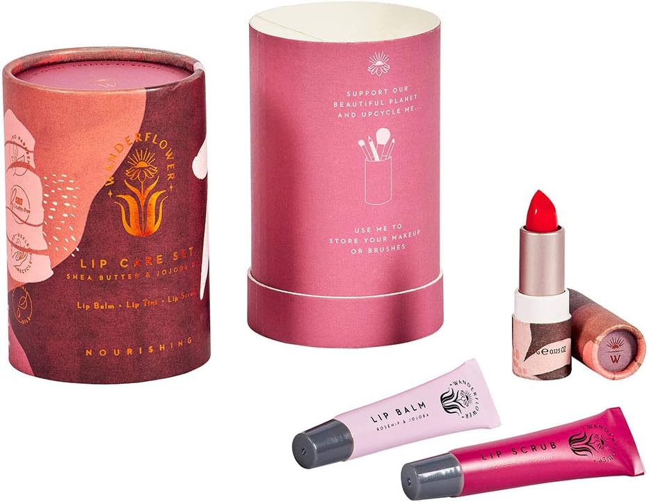 Wanderflower Lip Care Set Rosehip Jojoba Scrub Balm Tint Cruelty Free Vegan
