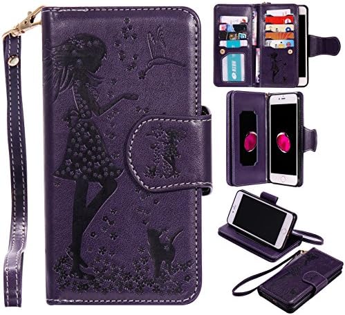 iPhone 7 Plus Wallet case,Premium Leather Folio Book Style,Built-in Cosmetology Mirror &amp; 9 Card Slots Cash Pocket,Wrist Strap Magnetic Closure Case By LEMY JOURNEY (PURPLE)