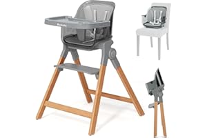 Ezebaby Foldable Wooden High Chairs, 3-in-1 Convertible Baby High Chair, Dining Booster Seat, Toddler Chair, Easy Clean High Chairs for Babies and Toddlers with Large Adjustable Tray- Transparent Gray