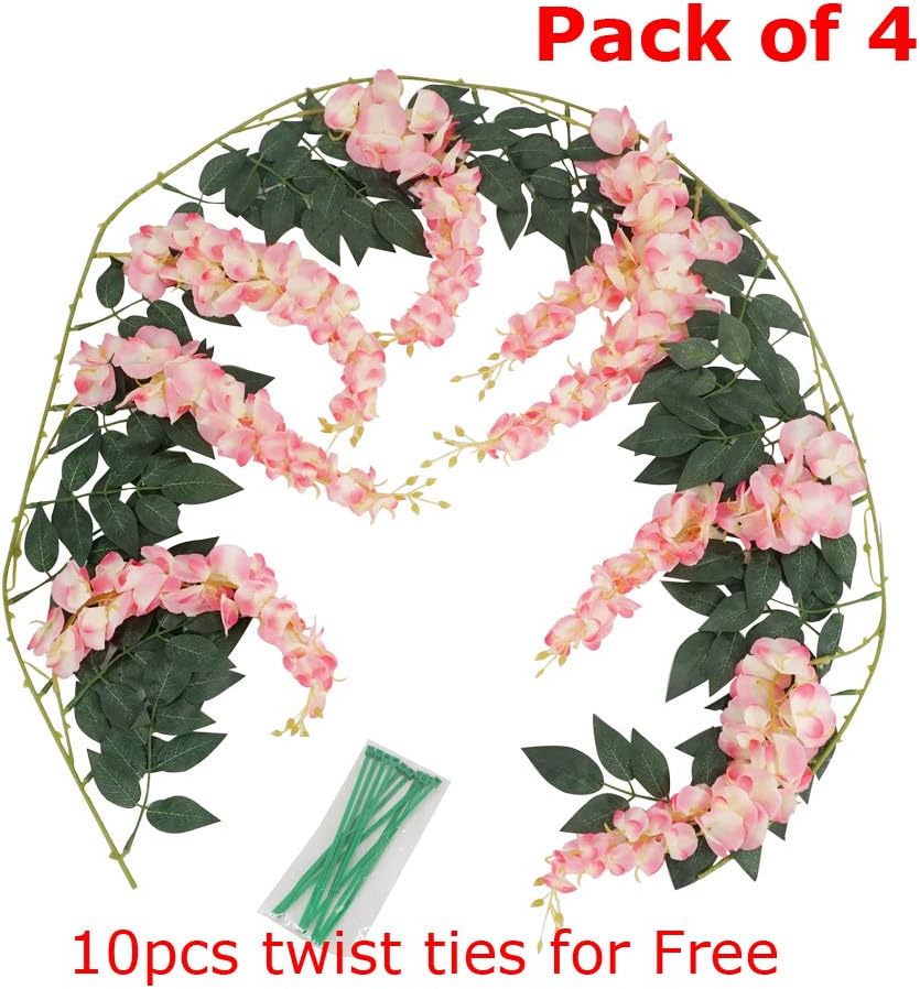 LESHABAYER 5.6 Feet/pcs Artificial Silk Wisteria Vine Rattan Hanging Flower Garland Ivy Plants for Outdoor Wedding Party Home Garden Wall Decoration,Pack of 4 (Pink) - Image 4