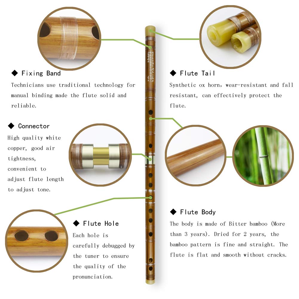 Condition photo showing New/Like New for d key dizi bitter bamboo flute for beginners with free membrane & glue & protector set traditional c