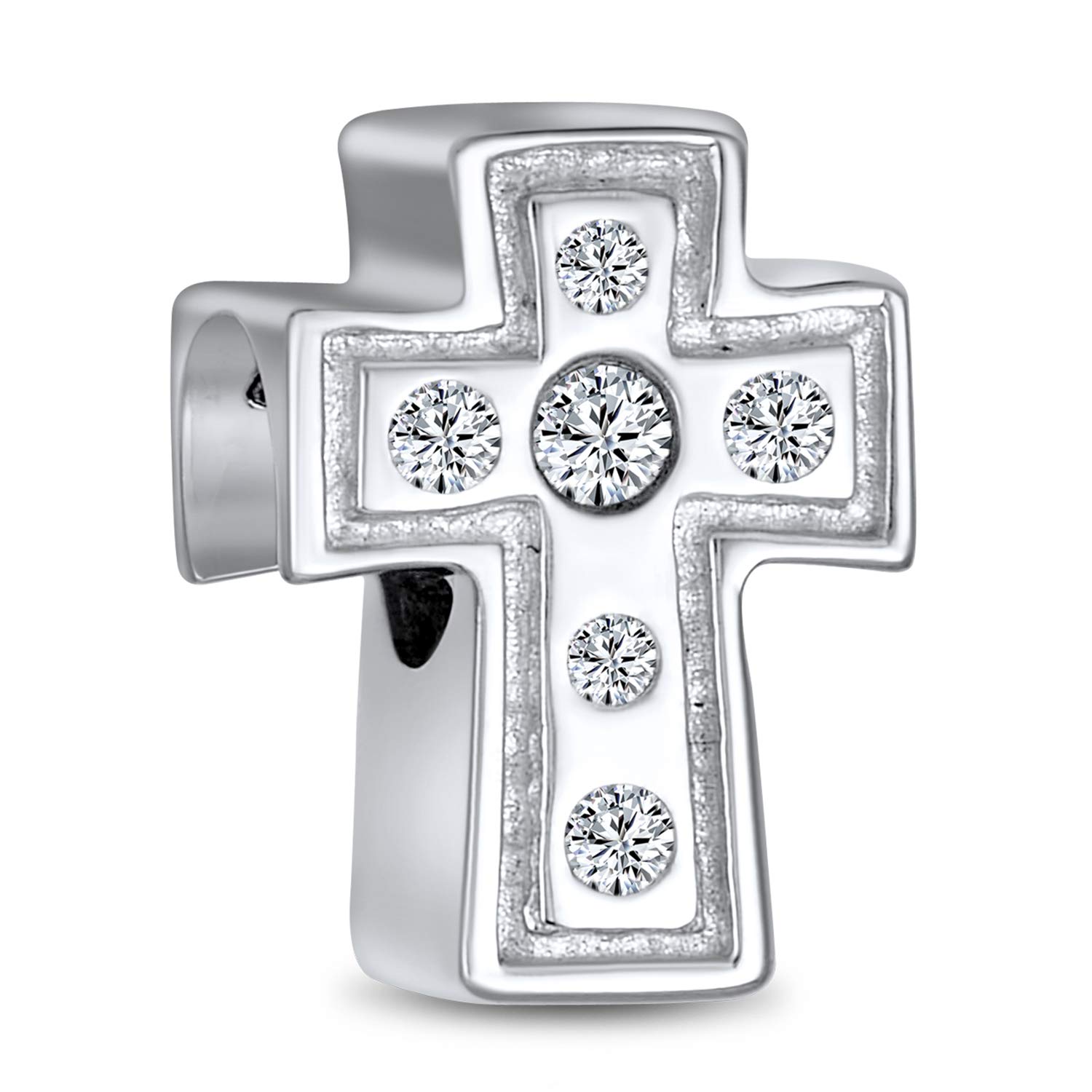 Bling Jewelry Simple Sparkling Spiritual Religious Clear CZ Cross Charm Bead For Women Teen Communion, Weddings .925 Sterling Silver Fits European Bracelet