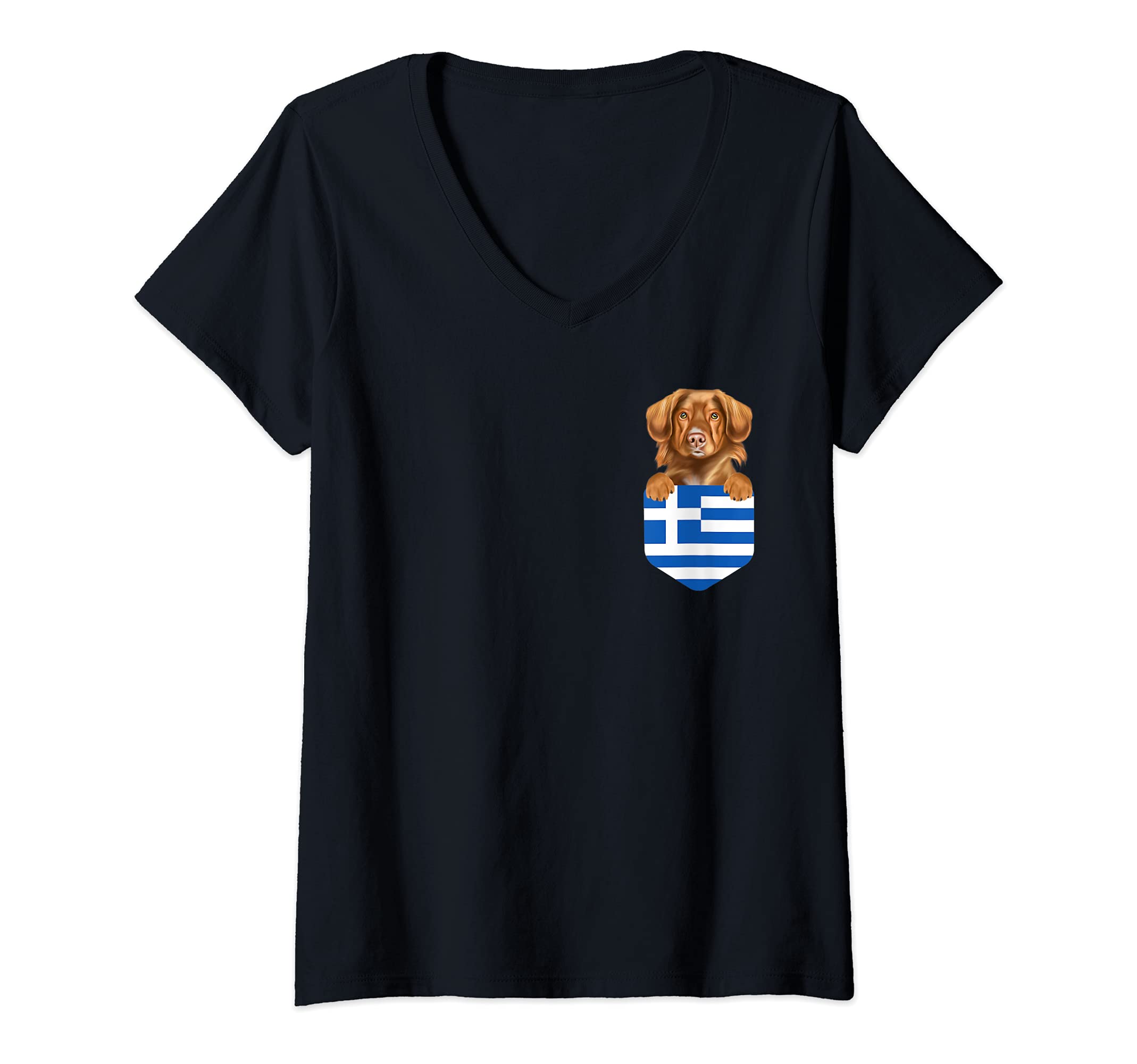 Womens Greece Flag Duck Tolling Retrievers Dog In Pocket V-Neck T-Shirt