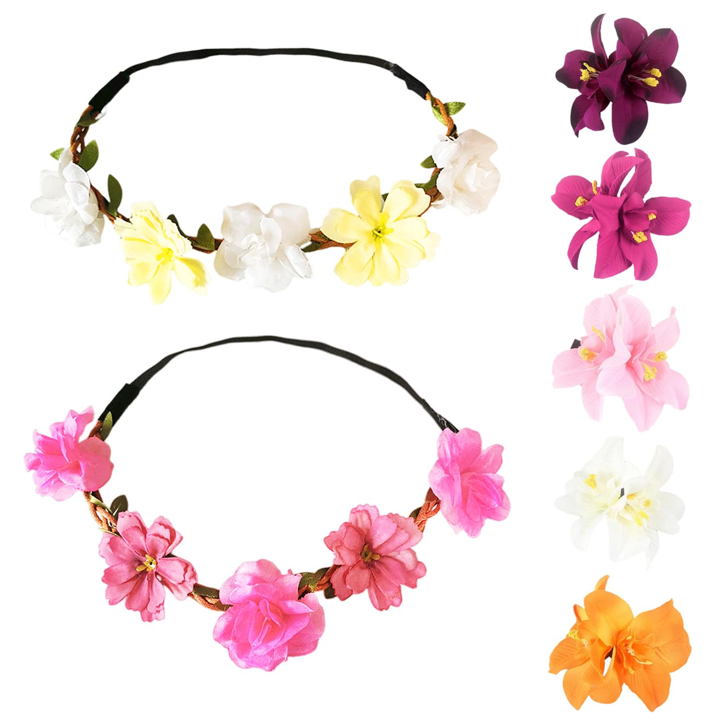 VBRHFRIF 5 Double Orchid Hair Clips, 2 Flower Garland Headbands, 7 Flower Hair Accessories, Festival Accessories, Adults, Unisex, 1 Set, 1 Item, 1 Package