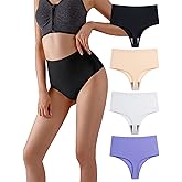 Wowdecor High Waisted Thongs for Women, Tummy Control Underwear Cotton Seamless No Show Plus Size Panties