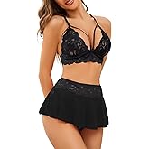 PITINAN Sexy Lingerie for Women Naughty 3 Piece Lace Bralette, Mini Skirt with G-String Crotchless Teddy Lingerie Set