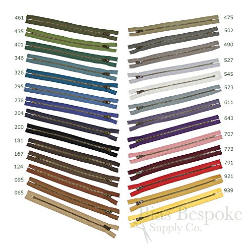 Set of 12 Pants Zippers, 11", Antique Brass Teeth and Rhino Gray Tape, Bias Bespoke Brand