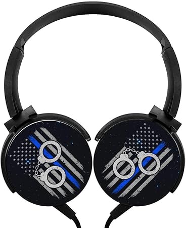 Amazon Pojia 警察手錠 細いブルーラインフラッグ 有線ヘッドホン ステレオ 重低音ヘッドセット オンイヤーイヤホン マイク付き Pojia イヤホン ヘッドホン本体