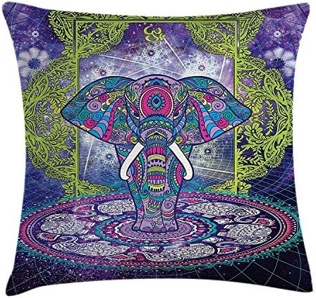 Ethnic Throw Pillow Cushion Cover by Ambesonne, Sacred Figure Elephant Standing in Mandala over Outer Space Cosmos Hippie Design, Decorative Square Accent Pillow Case, 18 X 18 Inches, Purple Green