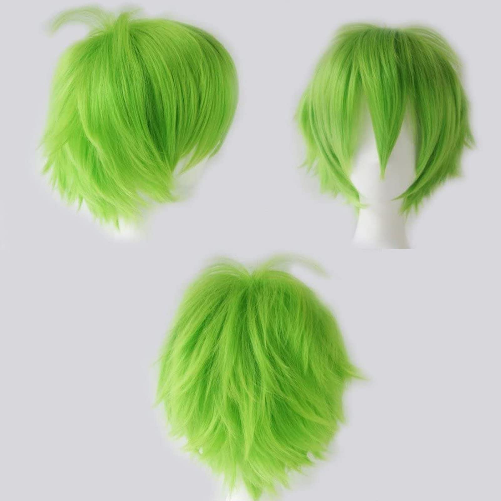 Cybelleza Anime Cosplay Wig - Short Green Synthetic Curly Straight Layered Fluffy Halloween Costume Party Carnival Wig with Free Cap