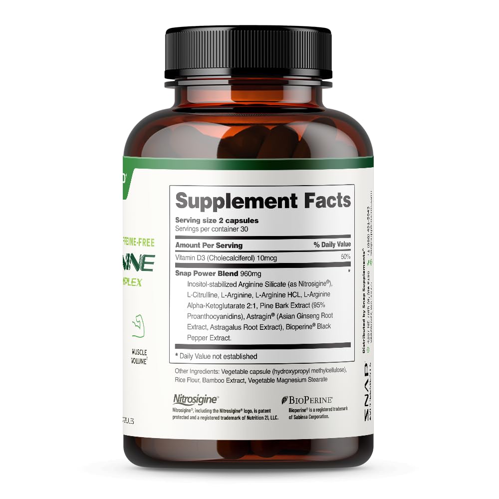 Snap Supplements L Arginine Capsules - Blood Circulation Supplements with Nitrosigine & L Citrulline for Natural Energy, Increase Blood Flow & Muscle Growth, Herbs for Cardio Health (60 Capsules)