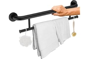 Matte Black Grab Bar 24 Inch w/Towel Holder, iHansee Stainless Steel Towel Rack Shower Support Balanced Support Handle, Wall Mount Safety Handrail Grab Rail for Elderly Senior Handicap Disabled
