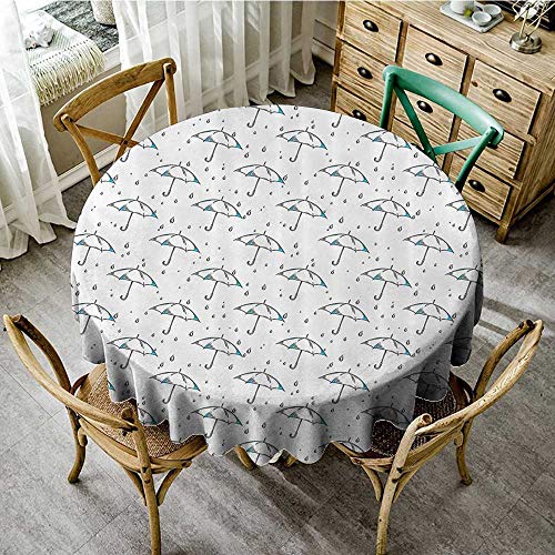 familytaste Circular Table CoverLake House Decor,Sketchy Striped Umbrella Parasol Motif with Rain Drops Fall Autumn Theme,Blue White D 70" Round Tablecloth - Thumbnail 6