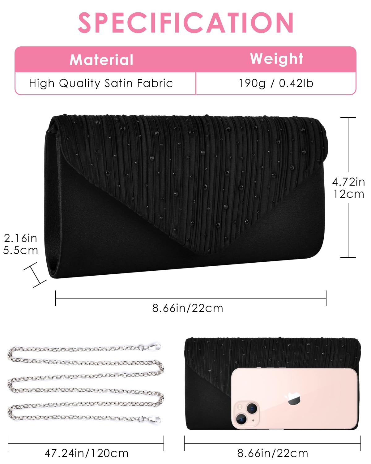 TINDTOP Evening Clutch Purses for Women Handbags for Formal Wedding Party Cocktail Prom Crossbody Shoulder Envelope Bag