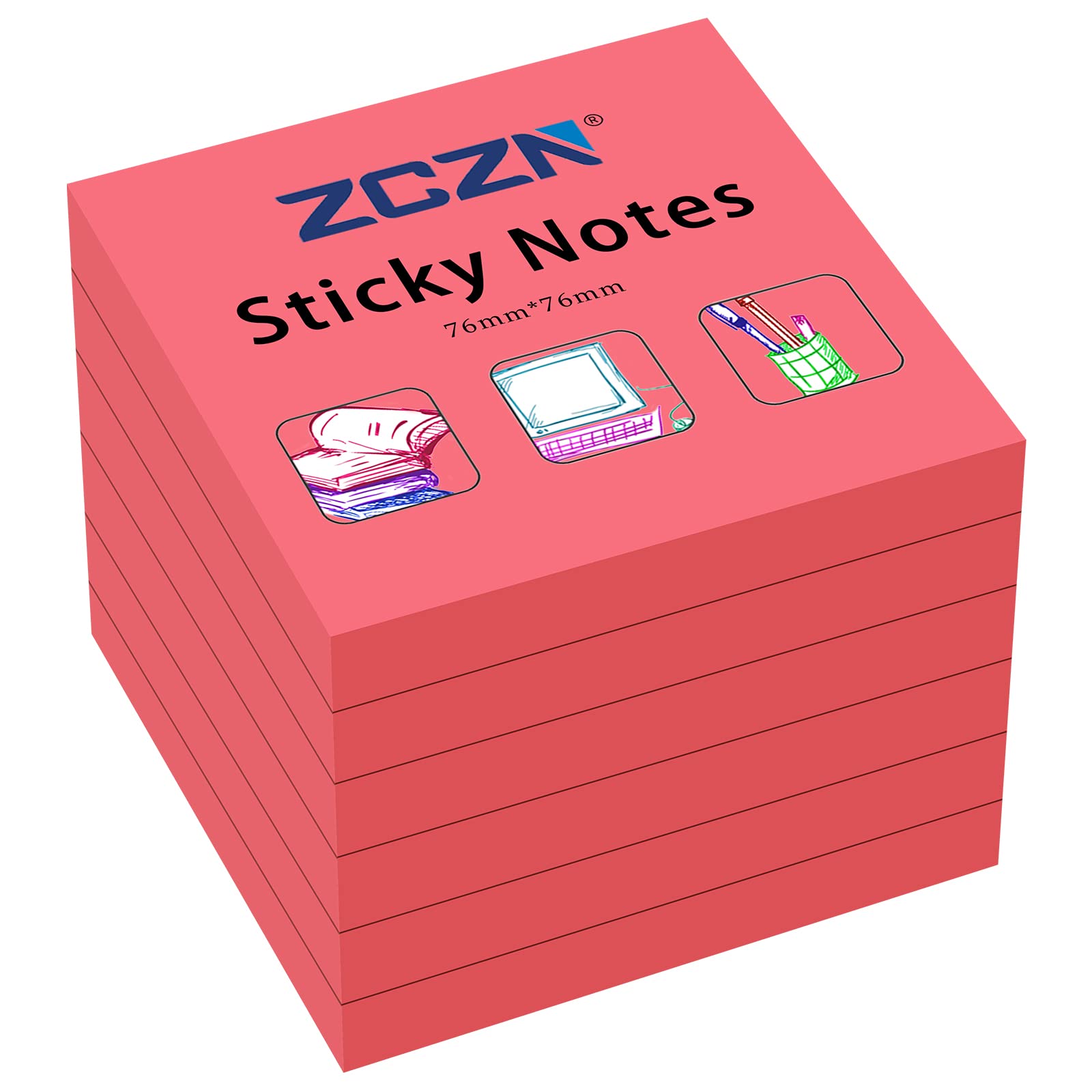 ZCZN Sticky Notes 76 x 76 mm, 6 Pads, 80 Sheets/Pad, Red