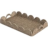 StorageWorks Large Wicker Scalloped Edge Serving Tray, Rectangle Tray with Built-in Handles, Hand-Woven Scalloped Rattan Tray, Wicker Trays for Décor, Natural Seagrass