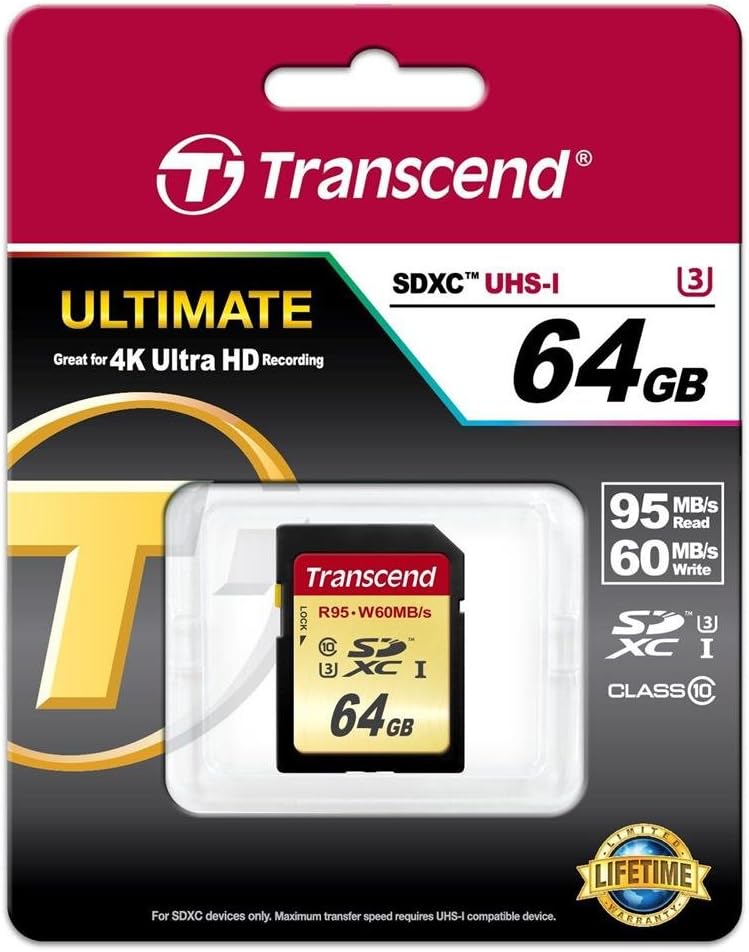 Transcend 64GB SDXC UHS-I U3 Class 10 Memory Card - 95MB/s Read