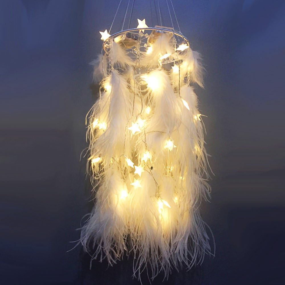 HuiJv 9.5ร45inch Big Dream Catcher LED Star Lamp Handmade Circular Net With feathers Wall Hanging kitchen Decoration Decor Ornament Craft