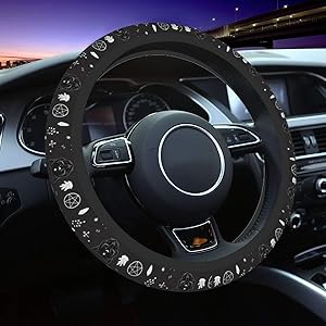 Angels Fly Mouth Wicca Wiccan Pentacle Star Black Cat Steering Wheel Cover Theme Printed Universal 15 Inch Funny Car Decor Decorations Women Man Suit for Cars SUV Vans