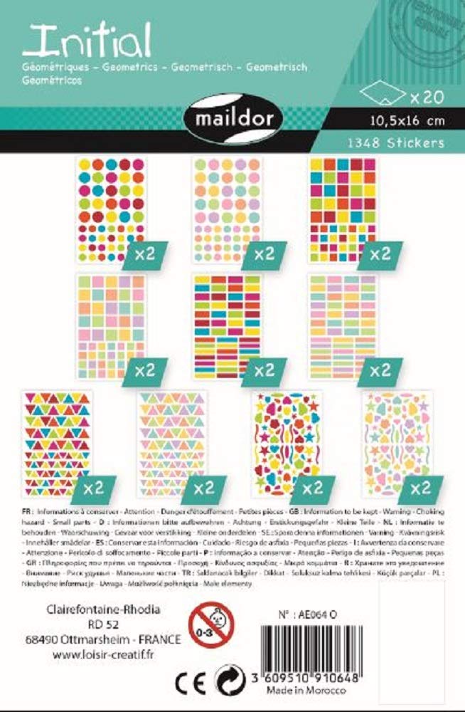 Maildor - Ref AE064O - Initial Stickers (Bumper Pack of 20 Sheets) - Geometric Designs - 16 x 10.5cm, Brightly-Coloured Stickers, Contains 1348 Stickers in Total