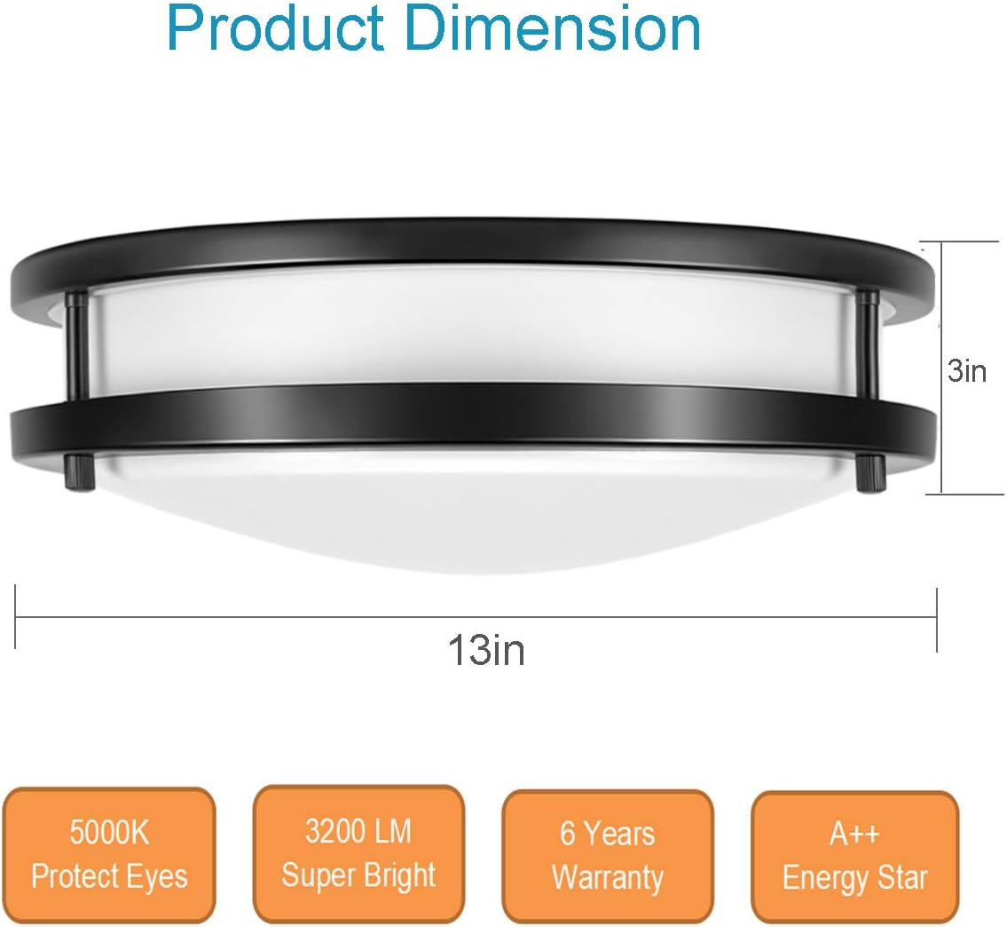 Drosbey 36W Ceiling Light Fixture, 13in Flush Mount Light Fixture, LED Ceiling Lamp for Bathroom, Bedroom, Kitchen, Laundry Room, Garage, Super Bright 3200 Lumens, 5000K Daylight White: Home Improvement