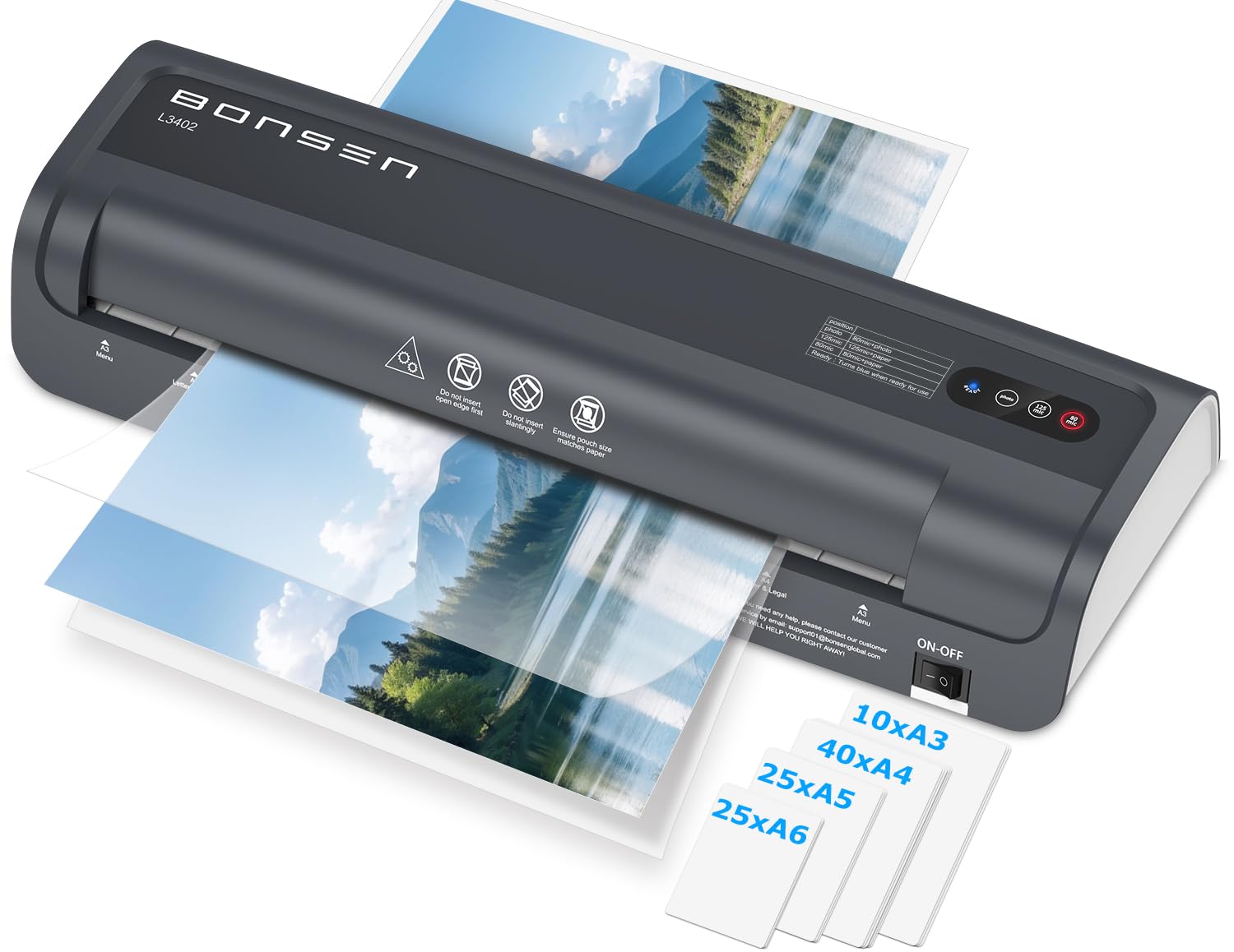 BONSEN A3 Laminator Machine with 100 Laminating Pouches, Never Jam Technology, 125mic Thick Laminating for School, Office, Restaurant, Home, Black, L3402