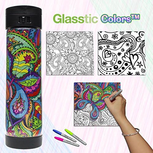 Glasstic Shatterproof Glass Water Bottle and 3 Pack Two-Sided Colorsᵀᴹ Inserts