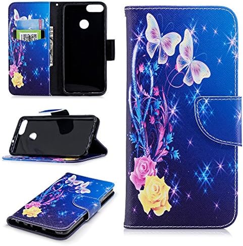 sinogoods For Huawei P Smart Case, Luxury Flip Slim Fit Premium PU Leather Case, Stand Wallet Card Case Cover - Yellow flower butterfly